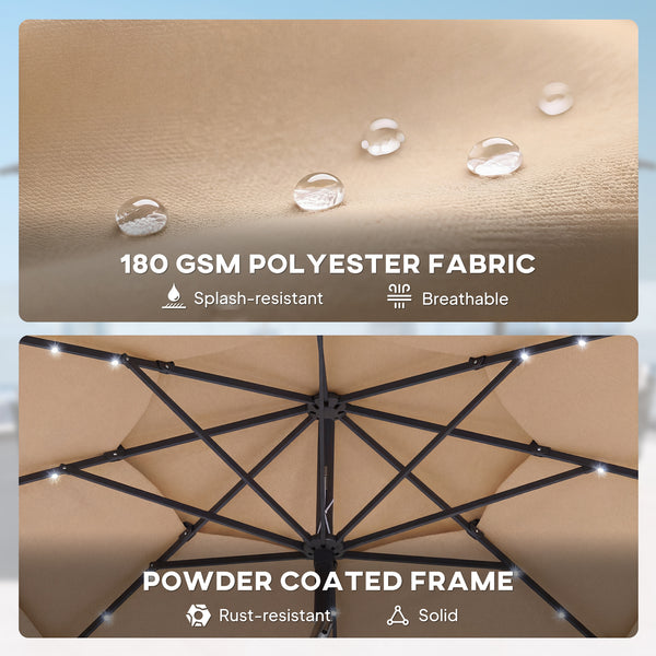 2.8 m Garden Parasol Umbrella with LED Solar Light, Parasol Cover, 3 Tier Outdoor Table Market Patio Umbrella Sun Shade with Tilt and Crank, 8 Ribs, Khaki