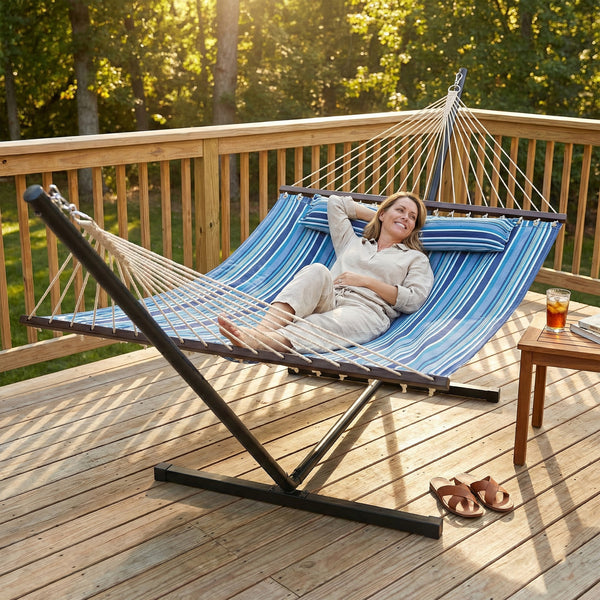 Outdoor Hammock with Stand, Detachable Pillow and Spreader Bars, Heavy Duty Hammock for Outdoor, 264 lbs Capacity Steel Stand, Blue