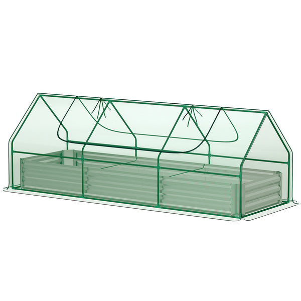 Outsunny 8.6 x 3 x 1ft Raised Garden Bed with Mini Greenhouse, Galvanized Raised Garden Bed with Cover for Herbs and Vegetables, Small Greenhouse for Patio Garden Balcony, Green and Silver