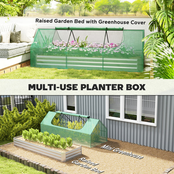 Outsunny 8.6 x 3 x 1ft Raised Garden Bed with Mini Greenhouse, Galvanized Raised Garden Bed with Cover for Herbs and Vegetables, Small Greenhouse for Patio Garden Balcony, Green and Silver