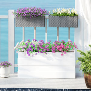 2 Pack Railing Planter Box, 20 Inch Hanging Flower Pots with Hooks and Drainage Hole, Rectangular Planters for Fence, Balcony, Garden, Patio, Rattan Look, Grey