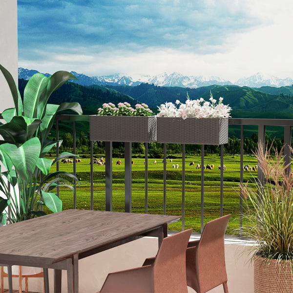 2 Pack Railing Planter Box, 20 Inch Hanging Flower Pots with Hooks and Drainage Hole, Rectangular Planters for Fence, Balcony, Garden, Patio, Rattan Look, Grey