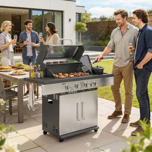 4+1 Burner Gas BBQ Grill, Portable Gas Barbecue Grill with Side Burner, Warming Rack, Side Shelf, Storage Cabinet, Thermometer, 4 Wheels, Tank Holder for Garden Party Outdoor Cooking