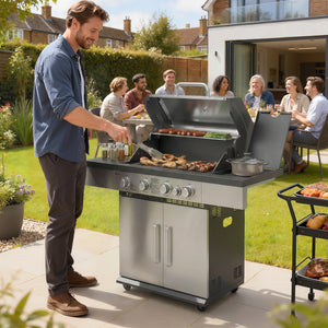 4+1 Burner Gas BBQ Grill, Portable Gas Barbecue Grill with Side Burner, Warming Rack, Side Shelf, Storage Cabinet, Thermometer, 4 Wheels, Tank Holder for Garden Party Outdoor Cooking
