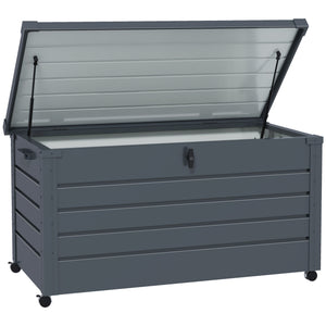 331 Litre Garden Storage Box, Waterproof Outdoor Storage Box with Wheels and Handles, Lockable Galvanised Steel Outside Deck Box Organiser for Tools, Cushions, Dark Grey