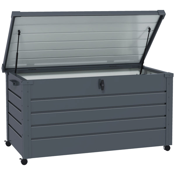 331 Litre Garden Storage Box, Waterproof Outdoor Storage Box with Wheels and Handles, Lockable Galvanised Steel Outside Deck Box Organiser for Tools, Cushions, Dark Grey