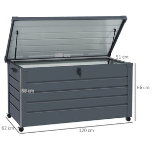 331 Litre Garden Storage Box, Waterproof Outdoor Storage Box with Wheels and Handles, Lockable Galvanised Steel Outside Deck Box Organiser for Tools, Cushions, Dark Grey