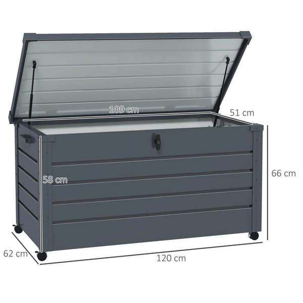 331 Litre Garden Storage Box, Waterproof Outdoor Storage Box with Wheels and Handles, Lockable Galvanised Steel Outside Deck Box Organiser for Tools, Cushions, Dark Grey