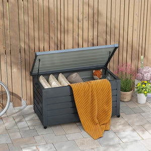 331 Litre Garden Storage Box, Waterproof Outdoor Storage Box with Wheels and Handles, Lockable Galvanised Steel Outside Deck Box Organiser for Tools, Cushions, Dark Grey