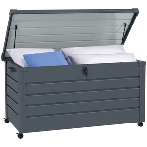 331 Litre Garden Storage Box, Waterproof Outdoor Storage Box with Wheels and Handles, Lockable Galvanised Steel Outside Deck Box Organiser for Tools, Cushions, Dark Grey
