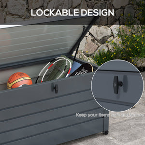 331 Litre Garden Storage Box, Waterproof Outdoor Storage Box with Wheels and Handles, Lockable Galvanised Steel Outside Deck Box Organiser for Tools, Cushions, Dark Grey