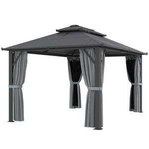 3 x 4m Hardtop Gazebo Canopy with UPF30+ Double Polycarbonate Roof, Aluminium Frame Garden Gazebo Permanent Pavilion with Mosquito Netting and Curtains for Patio, Deck, Grey