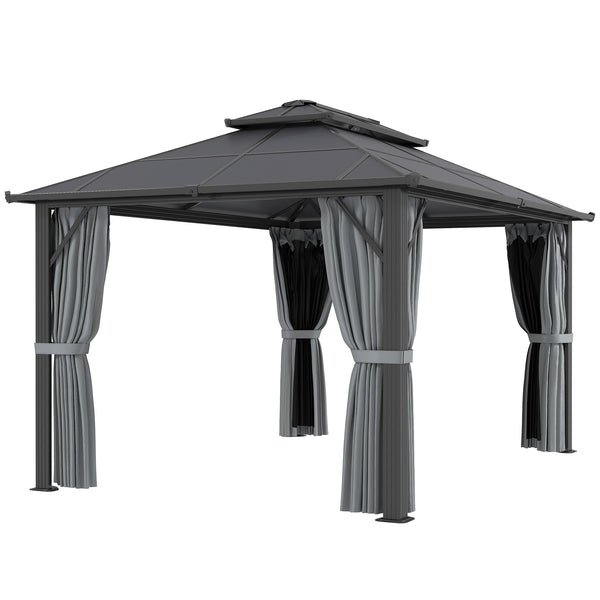 3 x 4m Hardtop Gazebo Canopy with UPF30+ Double Polycarbonate Roof, Aluminium Frame Garden Gazebo Permanent Pavilion with Mosquito Netting and Curtains for Patio, Deck, Grey