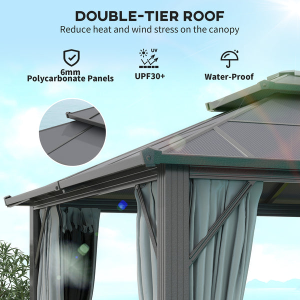 3 x 4m Hardtop Gazebo Canopy with UPF30+ Double Polycarbonate Roof, Aluminium Frame Garden Gazebo Permanent Pavilion with Mosquito Netting and Curtains for Patio, Deck, Grey