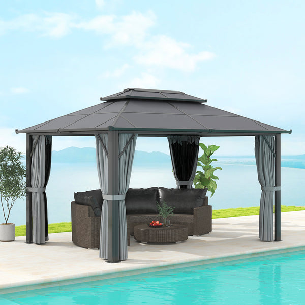 3 x 4m Hardtop Gazebo Canopy with UPF30+ Double Polycarbonate Roof, Aluminium Frame Garden Gazebo Permanent Pavilion with Mosquito Netting and Curtains for Patio, Deck, Grey