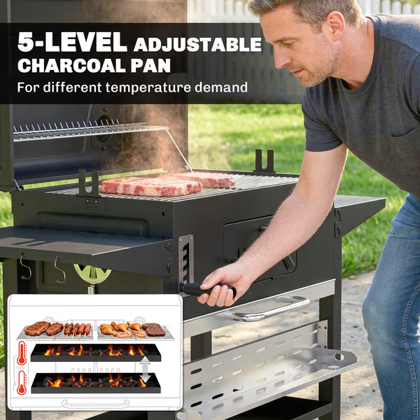 Charcoal BBQ Grill Smoker with Electric Rotisserie Kit, Portable Barbecue Grill with Warming Rack, Foldable Side Tables, Spice Rack, Hooks, Thermometer, Wheels for Outdoor Cooking, Black