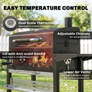 Charcoal BBQ Grill Smoker with Electric Rotisserie Kit, Portable Barbecue Grill with Warming Rack, Foldable Side Tables, Spice Rack, Hooks, Thermometer, Wheels for Outdoor Cooking, Black