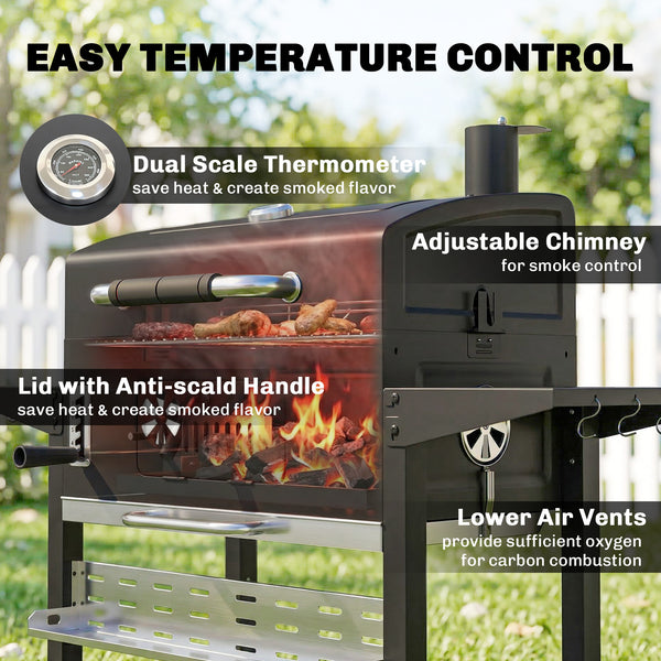 Charcoal BBQ Grill Smoker with Electric Rotisserie Kit, Portable Barbecue Grill with Warming Rack, Foldable Side Tables, Spice Rack, Hooks, Thermometer, Wheels for Outdoor Cooking, Black