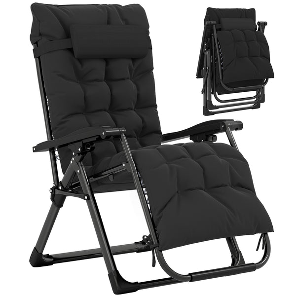 Reclining Zero Gravity Chair with Adjustable Backrest, Folding Garden Sun Lounger, Outdoor Recliner with Removable Cushion and Headrest, Black