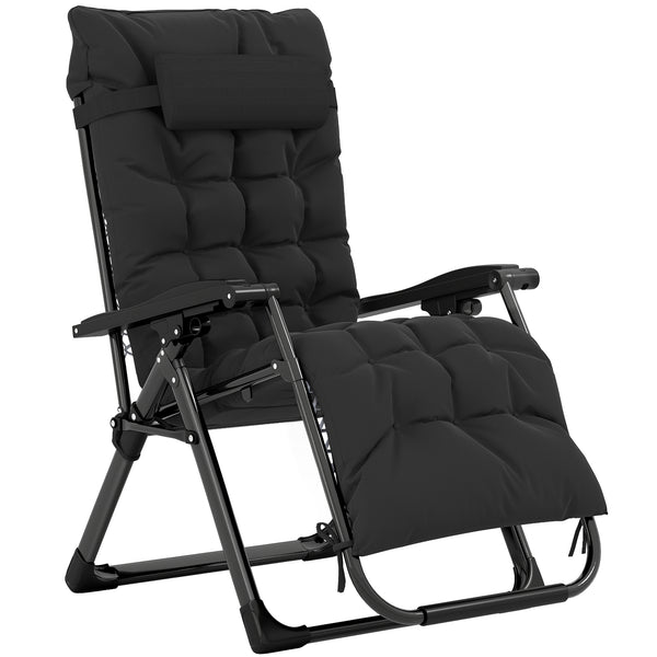 Reclining Zero Gravity Chair with Adjustable Backrest, Folding Garden Sun Lounger, Outdoor Recliner with Removable Cushion and Headrest, Black
