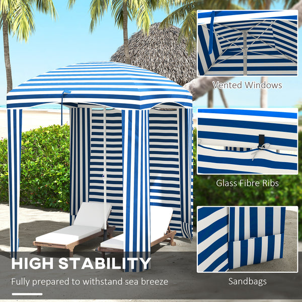 Outsunny 5.9' x 5.9' Portable Beach Umbrella, Ruffled Outdoor Cabana with Walls, Vents, Sandbags, Carry Bag, Blue & White Stripe