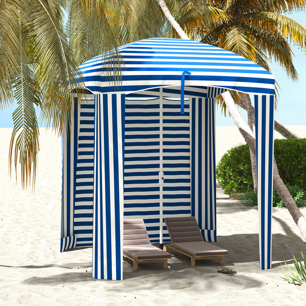 Outsunny 5.9' x 5.9' Portable Beach Umbrella, Ruffled Outdoor Cabana with Walls, Vents, Sandbags, Carry Bag, Blue & White Stripe