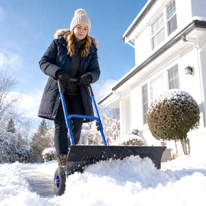 Snow Shovel with Wheels, 29" x 16.5" Heavy Duty Metal Snow Pusher with 5-Level Adjustable Handle, 5-Angle Blade and Non-Slip Grip, for Driveway, Sidewalks, Garden, Deck, Blue