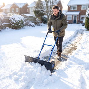 Snow Shovel with Wheels, 29" x 16.5" Heavy Duty Metal Snow Pusher with 5-Level Adjustable Handle, 5-Angle Blade and Non-Slip Grip, for Driveway, Sidewalks, Garden, Deck, Blue