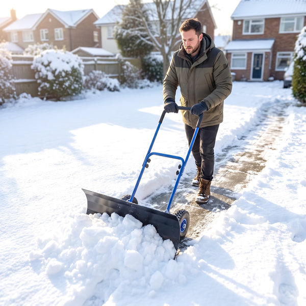 Snow Shovel with Wheels, 29" x 16.5" Heavy Duty Metal Snow Pusher with 5-Level Adjustable Handle, 5-Angle Blade and Non-Slip Grip, for Driveway, Sidewalks, Garden, Deck, Blue