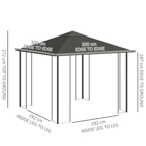 3(m) x 3(m) Garden Gazebo, Double Roof Outdoor Gazebo Canopy Shelter with Netting, Solid Steel Frame, for Garden, Lawn and Deck, Grey