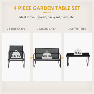 4 Piece Garden Furniture Set Outdoor Patio Sofa Set with Double Chair, Single Chairs and Glass Top Table for Terrace and Balcony, Black