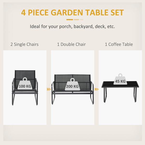 4 Piece Garden Furniture Set Outdoor Patio Sofa Set with Double Chair, Single Chairs and Glass Top Table for Terrace and Balcony, Black