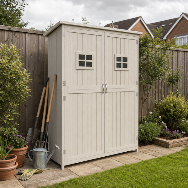 Wooden Tool Storage Cabinet with 2 Windows & Double Door for Garden and Patio, Grey