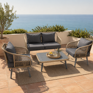4-Piece Rattan Conversation Set with Loveseat, 2 Armchairs & Acacia Table, Grey