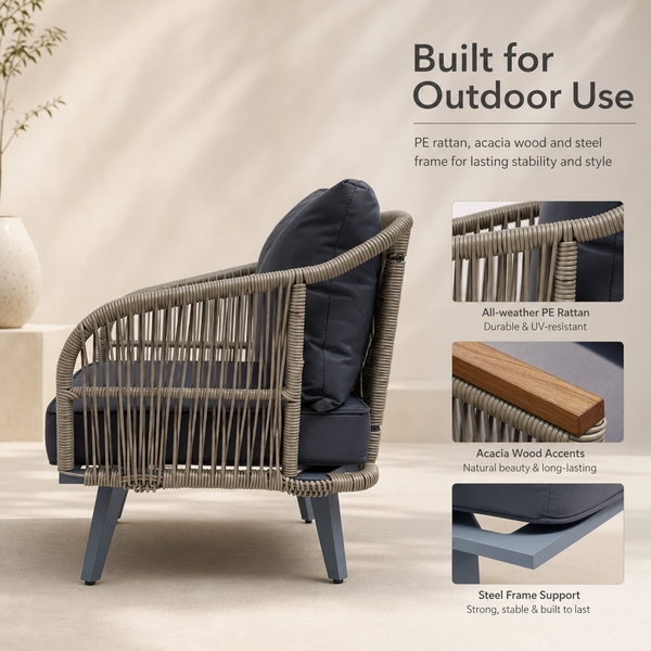 4-Piece Rattan Conversation Set with Loveseat, 2 Armchairs & Acacia Table, Grey