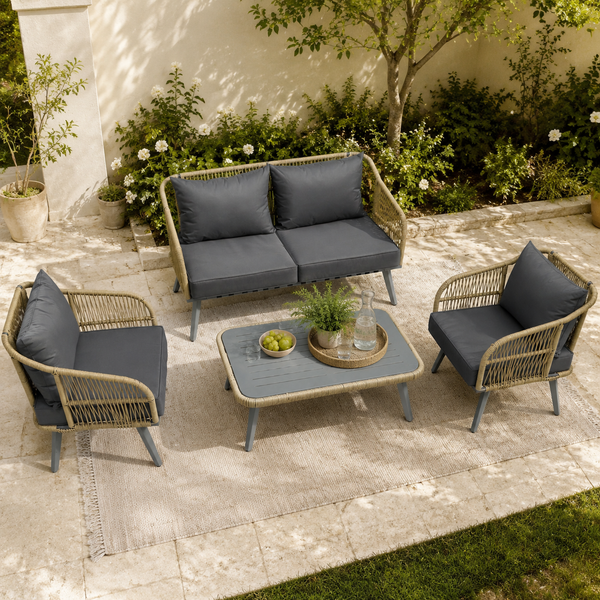 4-Piece Rattan Conversation Set with Loveseat, 2 Armchairs & Acacia Table, Grey