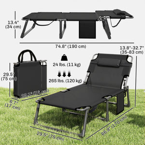 Lounge Chair Outdoor Set of 2, 75 cm Wide Folding Chaise Lounge Tanning Chair, 5-Position Beach Patio Lounger Camping Cot Bed with Cushion, Side Pocket, Dark Grey/Blue