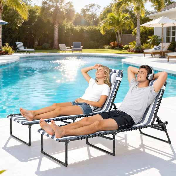 Folding Chaise Lounge Chair Set of 2, Patio Sun Tanning Chair, Outdoor Chaise Lounger with 4-Position Reclining Back, Breathable Mesh Seat for Beach, Poolside, Yard, Blue and White
