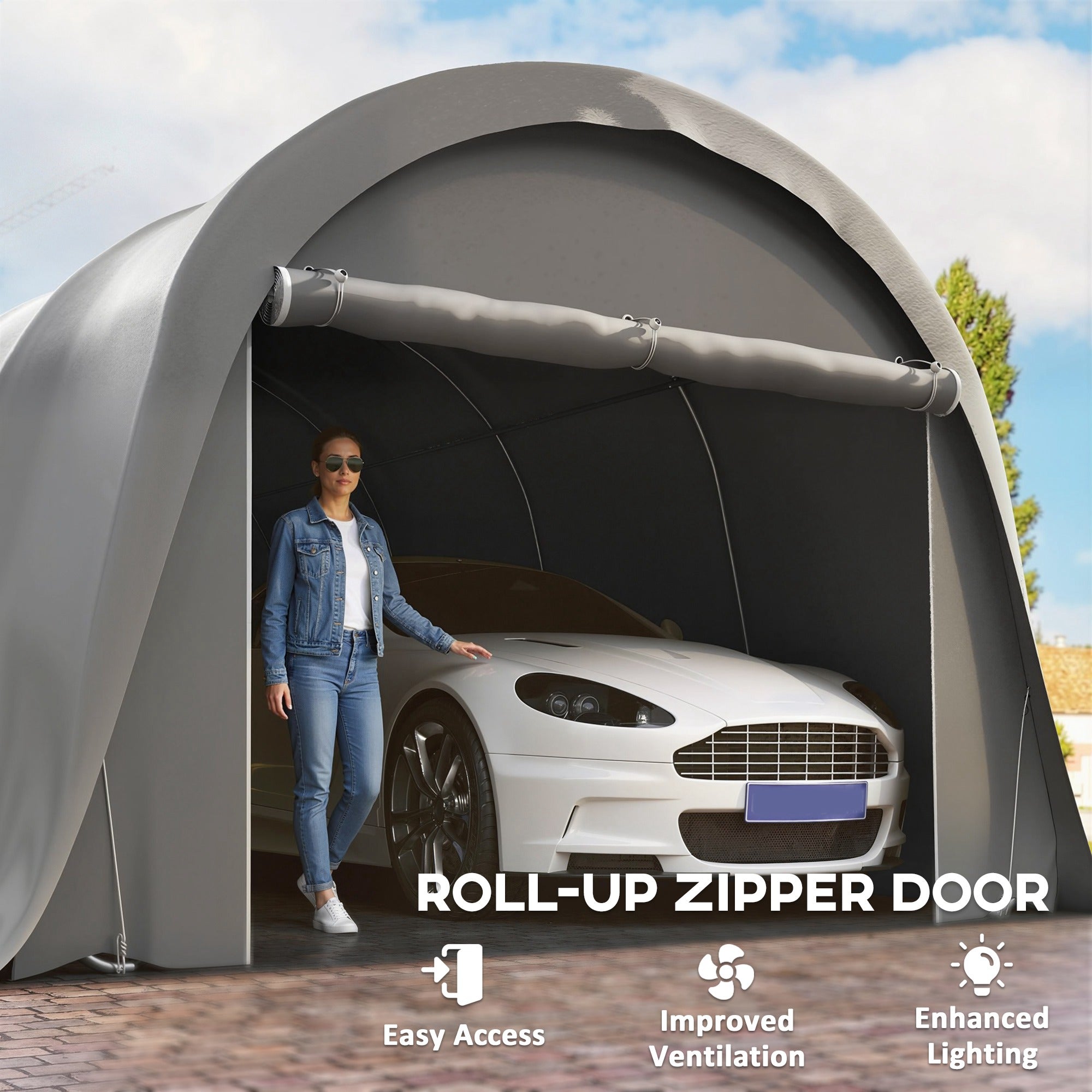 Outsunny 12' x 23.6' Heavy Duty Carport, UPF50+ Portable Garage Car Canopy Tent with Galvanized Frame, Large Door, Dark Gray