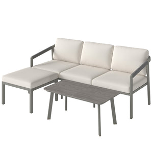 3 Piece Garden Dining Set, Outdoor Patio Furniture with 3 Seater Sofa, Footstool, Coffee Table and Cuhsions, Garden Sofa Set Conversation Furniture for Porch Patio Balcony, Grey