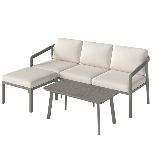 3 Piece Garden Dining Set, Outdoor Patio Furniture with 3 Seater Sofa, Footstool, Coffee Table and Cuhsions, Garden Sofa Set Conversation Furniture for Porch Patio Balcony, Grey