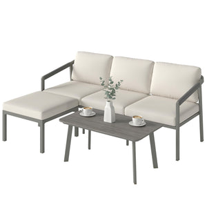 3 Piece Garden Dining Set, Outdoor Patio Furniture with 3 Seater Sofa, Footstool, Coffee Table and Cuhsions, Garden Sofa Set Conversation Furniture for Porch Patio Balcony, Grey