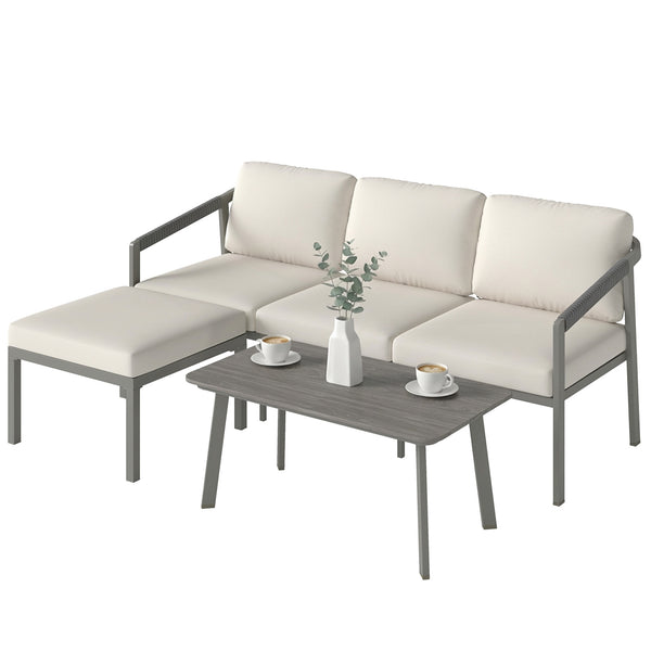 3 Piece Garden Dining Set, Outdoor Patio Furniture with 3 Seater Sofa, Footstool, Coffee Table and Cuhsions, Garden Sofa Set Conversation Furniture for Porch Patio Balcony, Grey