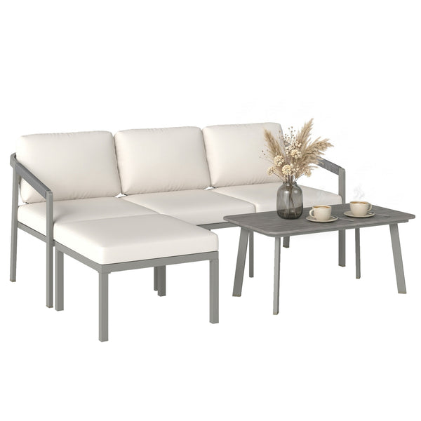 3 Piece Garden Dining Set, Outdoor Patio Furniture with 3 Seater Sofa, Footstool, Coffee Table and Cuhsions, Garden Sofa Set Conversation Furniture for Porch Patio Balcony, Grey