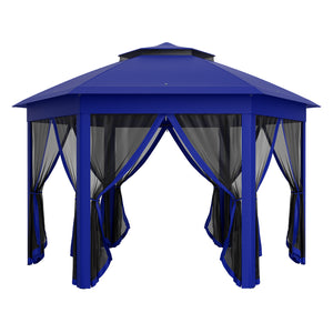 Outsunny 13' x 13' Pop Up Gazebo, Hexagonal Canopy Shelter with 6 Zippered Mesh Netting, Event Tent with Strong Steel Frame for Patio Backyard Garden Wedding Party, Dark Blue and Black