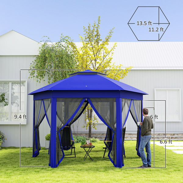 Outsunny 13' x 13' Pop Up Gazebo, Hexagonal Canopy Shelter with 6 Zippered Mesh Netting, Event Tent with Strong Steel Frame for Patio Backyard Garden Wedding Party, Dark Blue and Black