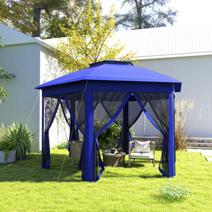 Outsunny 13' x 13' Pop Up Gazebo, Hexagonal Canopy Shelter with 6 Zippered Mesh Netting, Event Tent with Strong Steel Frame for Patio Backyard Garden Wedding Party, Dark Blue and Black