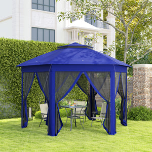 Outsunny 13' x 13' Pop Up Gazebo, Hexagonal Canopy Shelter with 6 Zippered Mesh Netting, Event Tent with Strong Steel Frame for Patio Backyard Garden Wedding Party, Dark Blue and Black