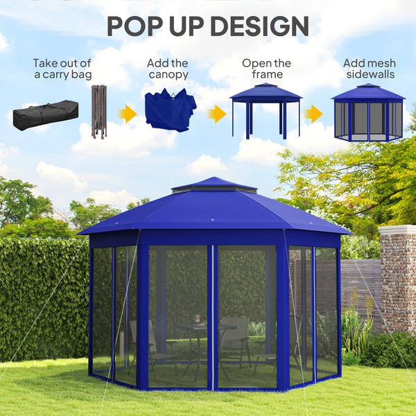 Outsunny 13' x 13' Pop Up Gazebo, Hexagonal Canopy Shelter with 6 Zippered Mesh Netting, Event Tent with Strong Steel Frame for Patio Backyard Garden Wedding Party, Dark Blue and Black