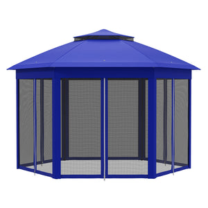 Outsunny 13' x 13' Pop Up Gazebo, Hexagonal Canopy Shelter with 6 Zippered Mesh Netting, Event Tent with Strong Steel Frame for Patio Backyard Garden Wedding Party, Dark Blue and Black